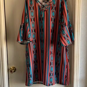 L&B Vibrant Turquoise and Red Long Sleeve Dress